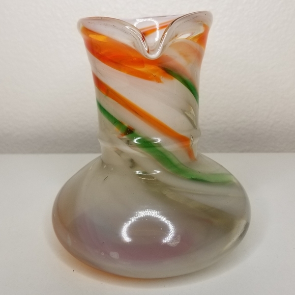 Hand Blown Art Glass Pitcher Orange Green White Swirl Design 20oz - Picture 6 of 12